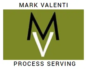 A green and white logo of mark valenti process serving.